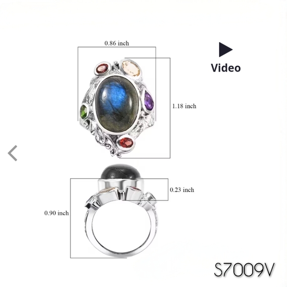 Malagasy Labradorite "Celestial Garden" multi gem ring, platinum bond, Sz.7 - Picture 6 of 7